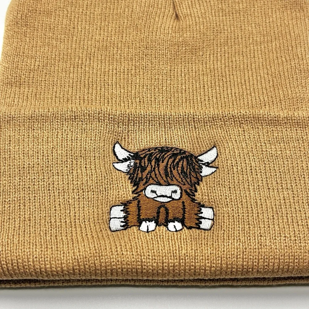 Highland Cow Cattle Cartoon Animal Beanie Hat Cap Knit Cuff Brown Outdoors
